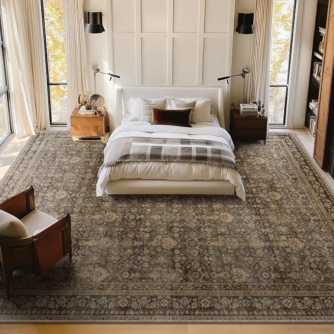 Boho Washable 10x14 Area Rugs for Living Room, Cushioned, Deep Brown | Vintage Non-slip Neutral Oriental Rugs for Bedroom Dining Room Nursery Office High Traffic Area
