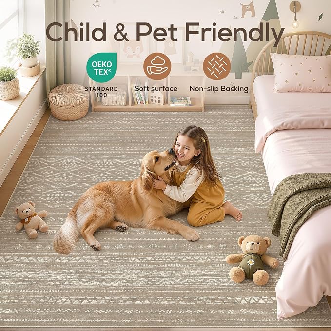 Nakagishi Area Rug Living Room Rugs: 9x12 Large Soft Machine Washable Boho Moroccan FarmNeutral Stain Resistant Indoor Floor Carpet for Bedroom Under Dining Table Home Office Decor-Dark Brown