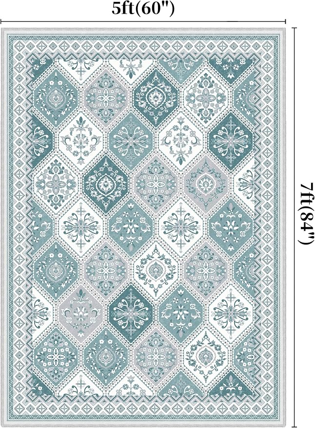 Area Rugs 5x7, Washable Rugs for Living Room, Soft Non-Slip Boho Moroccan Rug, Low-Pile Printed Teal Rug for Bedroom, Dining Room, Playroom -Teal
