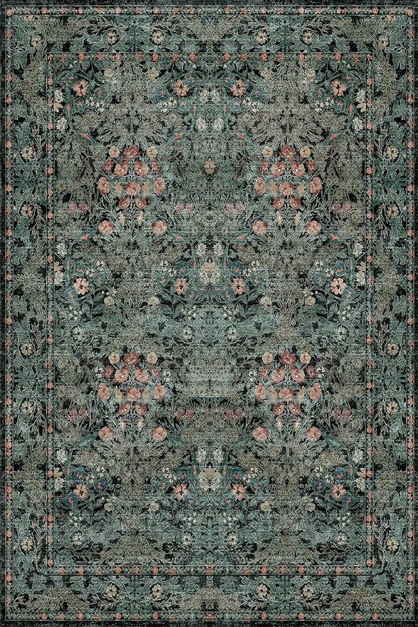 Farmhouse Dark Green Dining Room Rugs for Under Table - 6x9 Washable Cottagecore Distressed Low Pile Non Slip Flora Rug for Living Room, Bedroom, Nursery, Home Office - Soft Boho Moody Accent Mat