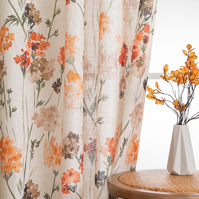 MYSKY HOME Linen Floral Sheer Curtains for Living Room 84 inch Length 2 Panels Set Printed Window Curtain for Bedroom,Light Flightering & Privacy Protection Grommet Drapes,Orange, W52 Each Panel