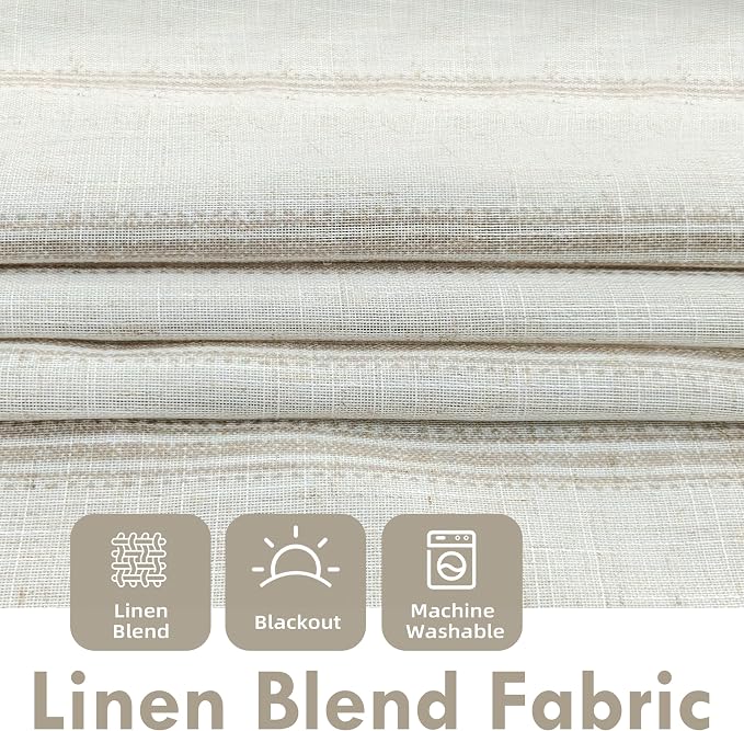 DriftAway Farmhouse Linen Stripe Blackout Curtains, Grommet, W52xL84, Beige | Blackout, Linen Texture, Stripe Pattern, Rod Pocket & Back Tab, Two Layers, Bedroom Living Room Use, Sound Reducing Design