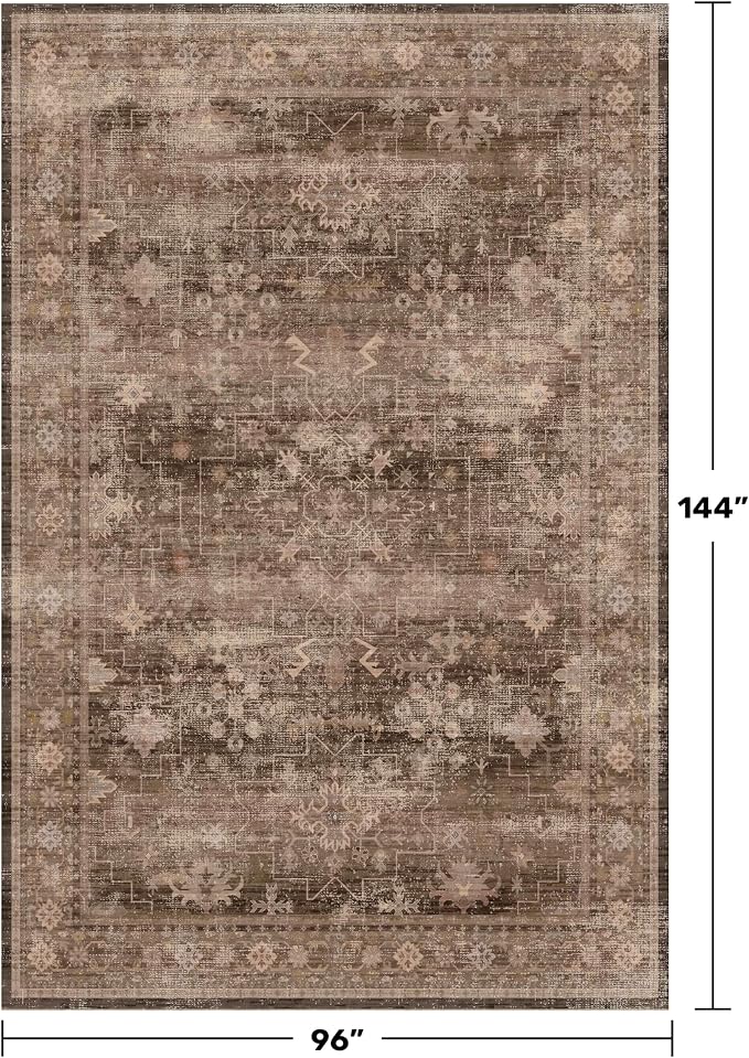 Hazo Haus Gold Brown 8x12 Big Rugs for Living Room - Non Slip Washable Vintage Area Rug for Dining Room Under Table, Geometric Floral & Low Pile Boho Bedroom Decor