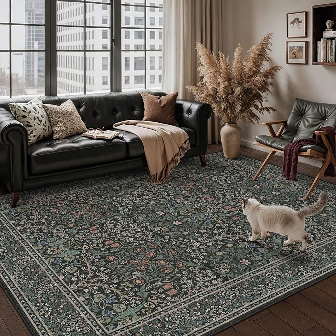 HUGEAR Vintage Floral Machine Washable 5x7 Area Rugs Black Green Living Room Bedroom Rug Retro Neutral Stain Resistant Non Slip Low Pile Throw Carpet for Office Dining Aesthetic Modern Decor