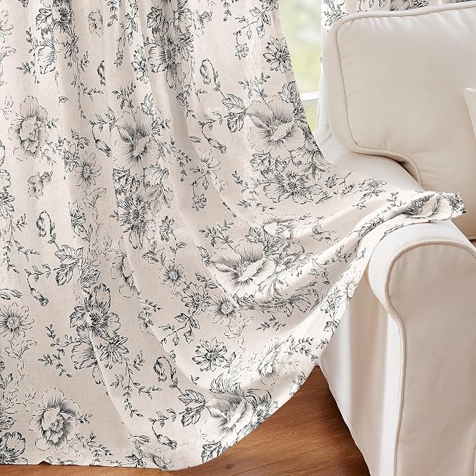 jinchan Black Floral Linen Curtains 54 Inch Vintage Back Tab 2 Panels | Light filtering drapes, semi sheer, farmhouse, cottagecore, rustic, living room, bedroom, rod pocket, window treatment