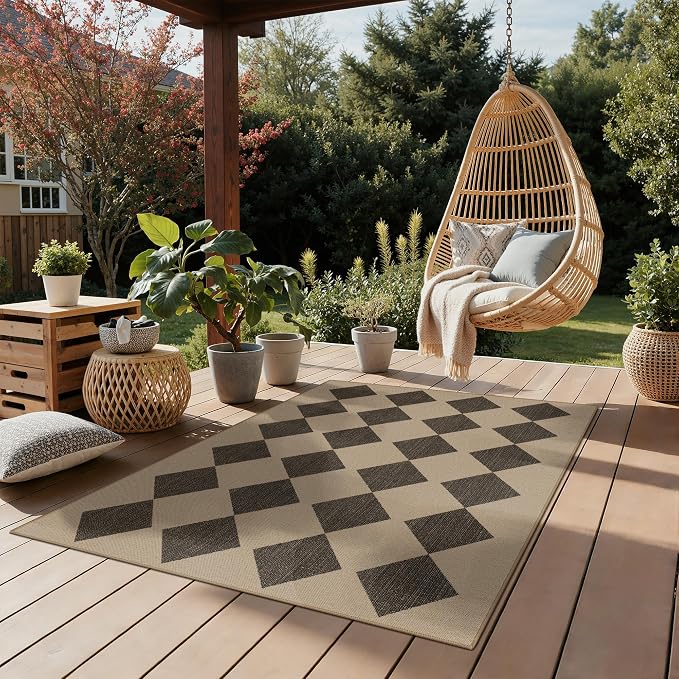 GENIMO Indoor Outdoor Area Rug 5'x8', Checkered Easy Jute Rug Machine Washable, Easy-Cleaning, Non Slip Geometric Diamond Outdoor Carpet for Patio, Living Room, Backyard, Porch, Deck, Balcony