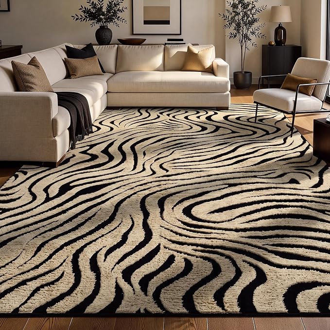 YIHOUSE 6×9 Ft Zebra Area Rugs Black and Beige: Washable Nonslip Plush Soft Rug for Living Room - High-Low Striped Carpet for Bedroom Dining Room Office Playroom Nursery Home Decor