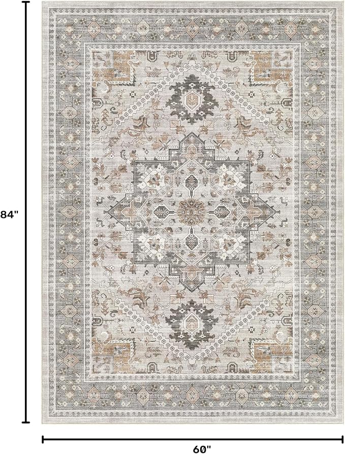 5x7 Vintage Area Rug: Washable Neutral Soft Non Slip Thin Large Floor Carpet for Living Room Bedroom Kitchen Dining Room Home Office Farmhouse Indoor - Taupe