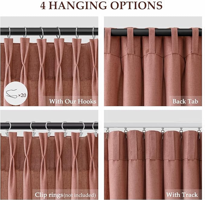 Aersas Canyon Rose Pinch Pleated Linen Curtains 108 Inch Length 2 Panels for Living Room Bedroom Semi Sheer Window Curtain Boho Neutral Back Tab Pinch Pleat Drape with Hooks 40x108