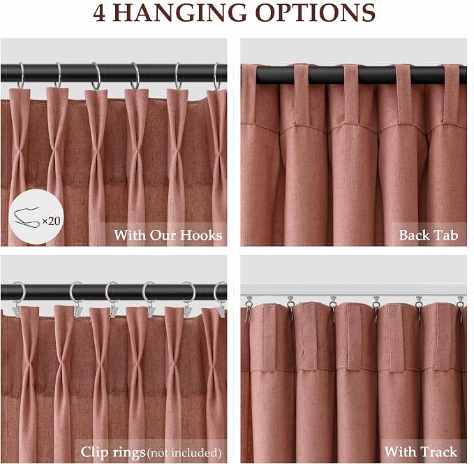 Aersas Canyon Rose Pinch Pleated Linen Curtains 96 Inch Length 2 Panels for Living Room Bedroom Semi Sheer Window Curtain Boho Neutral Back Tab Pinch Pleat Drape with Hooks 40x96