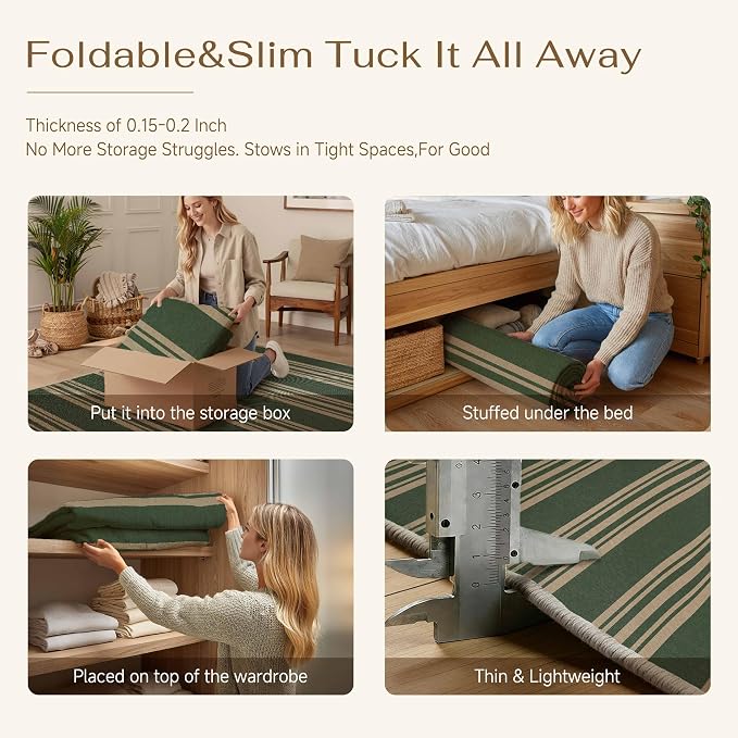 PureCozy Outdoor Rug 6x9 Washable Striped Jute Look Non Slip Carpet | Green and Tan Stripe Farmhouse Style, Indoor Outdoor Area Rugs for Patio, Living Room, Dining Room, Non Shedding, Neutral Rug