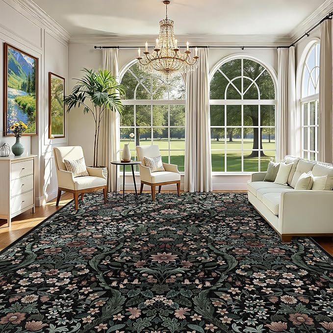 10x14 Black Vintage Floral Area Rug,Washable Large Boho Living Room Rugs,Botanical Print Non-Slip Stain Resistant Lightweight Carpet for Bedroom Dining Room Nursery