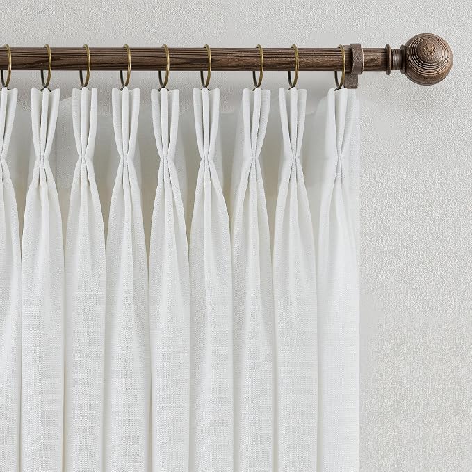 Beige White Triple Pinch Pleated Curtains 90 Inch 2 Panels for Living Room Bedroom Memory Shape Trained Pleated Linen Drapes Ivory Off White Semi Sheer Light Filtering Privacy Curtains 90 Inch Length