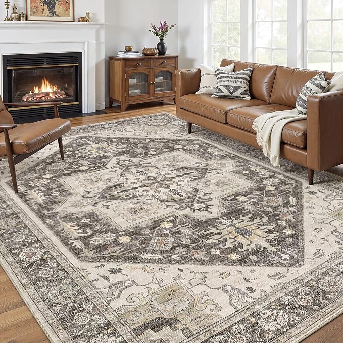 10x14 Area Rugs for Living Room - Large Carpet Ultra Thin Soft Washable Oriental Vintage Floral Distressed Big Indoor Carpets for Bedroom Nursery Dorm Home Decor Aesthetic - Dark Brown