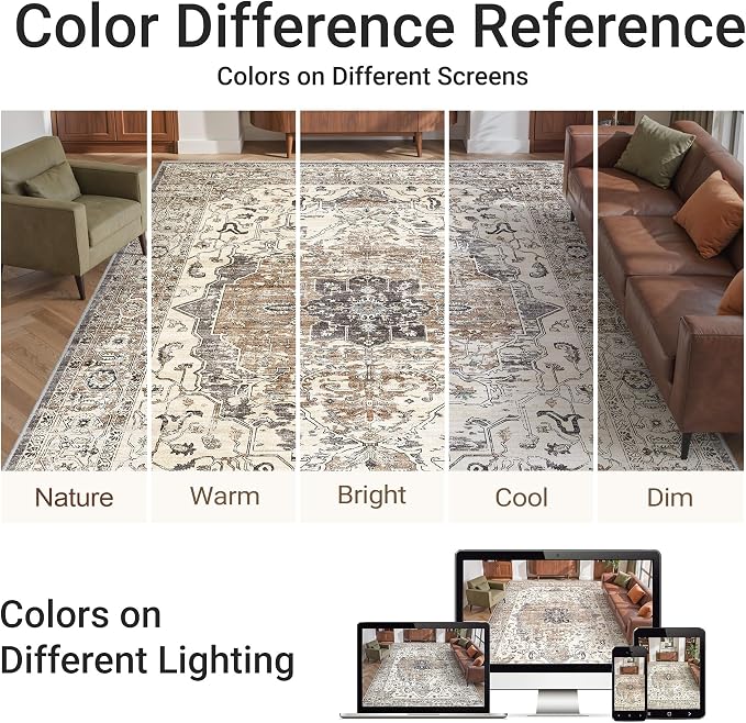 befbee 8x10 Area Rugs for Living Room, Stain Resistant Neutral Washable Rugs for Dining Room, Floral Vintage Non-Slip Thin Large Size Area Rug (Brown/Grey)