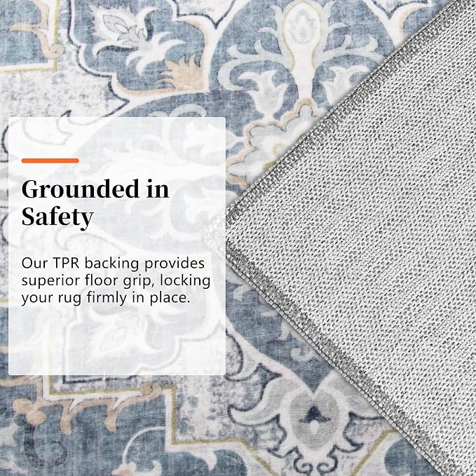 Area Rugs 9x12 Living Room, Soft Non-Slip Vintage Medallion Rug, Low-Pile Printed Washable Area Rugs Blue Gray Rug for Living Room, Bedroom, Dining Room -Blue/Gray