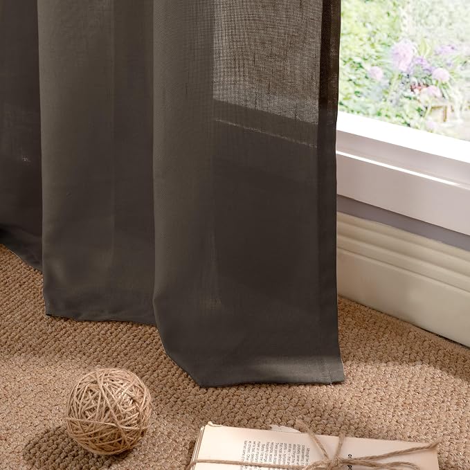 YoungsTex Brown Linen Semi Sheer Curtains 90 Inches Length for Living Room, Light Filtering Drapes Privacy with Grommet for Home Office Dining Room Bedroom, 2 Panels, 52 X 90 Inch