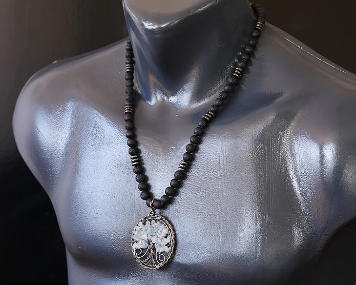 ElisaJewelryArt - Natural Labradorite Big Tree Of Life Black Lava Stone Beaded Necklace Genuine Gemstone Energy Stone Clasp Closure Necklace Unisex Necklace