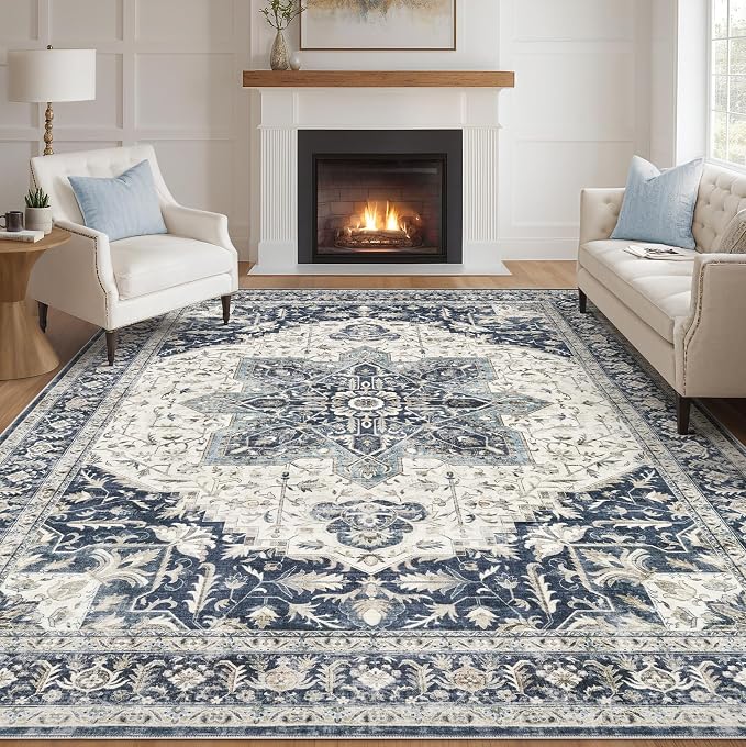 Tortania Area Rug Living Room Rugs - 9x12 Washable Boho Rug Vintage Oriental Distressed Farmhouse Large Thin Indoor Carpet for Living Room Bedroom Under Dining Table Home Office - Indigo