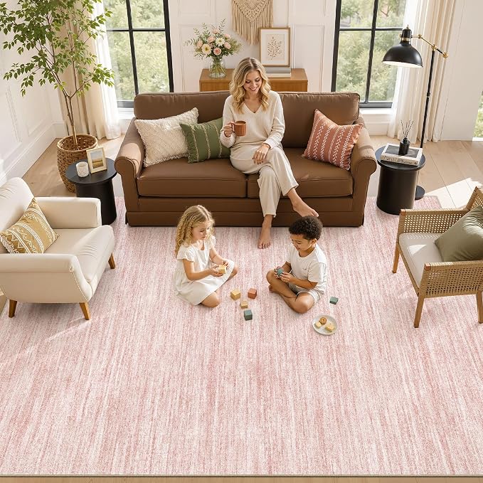 Nakagishi 6X8 Area Rugs Living Room: Washable Large Vintage Rug Neutral Non-Slip Soft Stain Resistant Indoor Carpet for Bedroom Nursery Dining Room Office Playroom - Pink