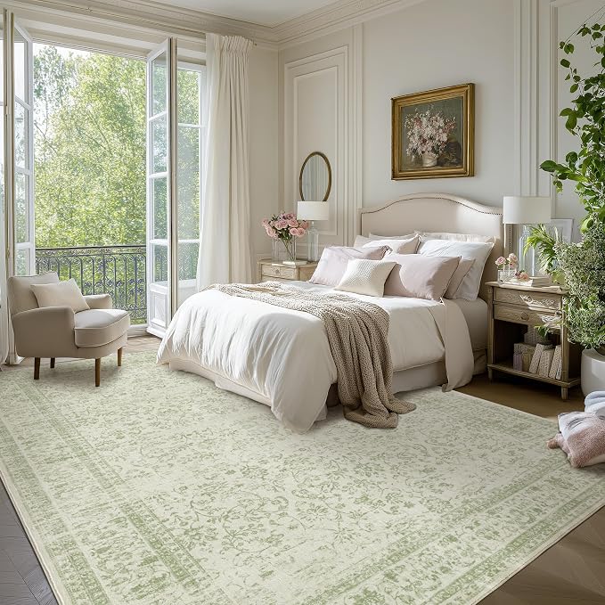 Sage Green Area Rugs 9x12 Living Room No Slip Stain Resistant Large Area Rug for Bedroom Low Pile Soft Boho Distressed Style Light Green Rug 9 x 12 Washable Carpet for Dining Room Playroom