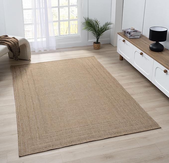 Berry Easy Jute Indoor Outdoor Rug, 8x10 Neutral Bordered Jute Look, Weather Resistant, Easy Care, Lightweight Outdoor Farmhouse Carpet for Patio, Porch, Living Room(8' x 10', Natural)