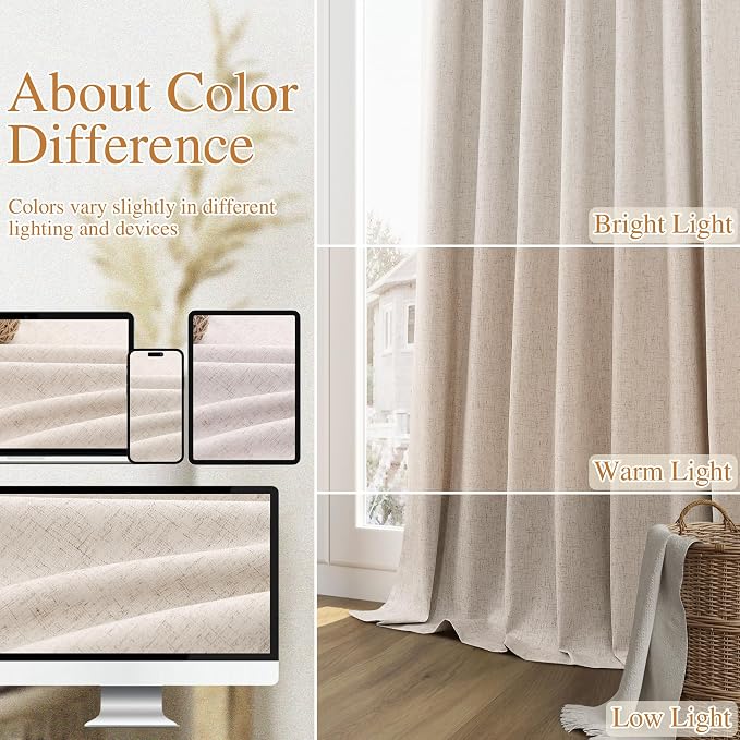Guken Oatmeal 100% Blackout Linen Curtains 63 Inch Length 2 Panels Set for Living Room Bedroom Back Tab Thermal Insulated Black Out Drapes Room Darkening Farmhouse Window Curtains 63 Inches Long