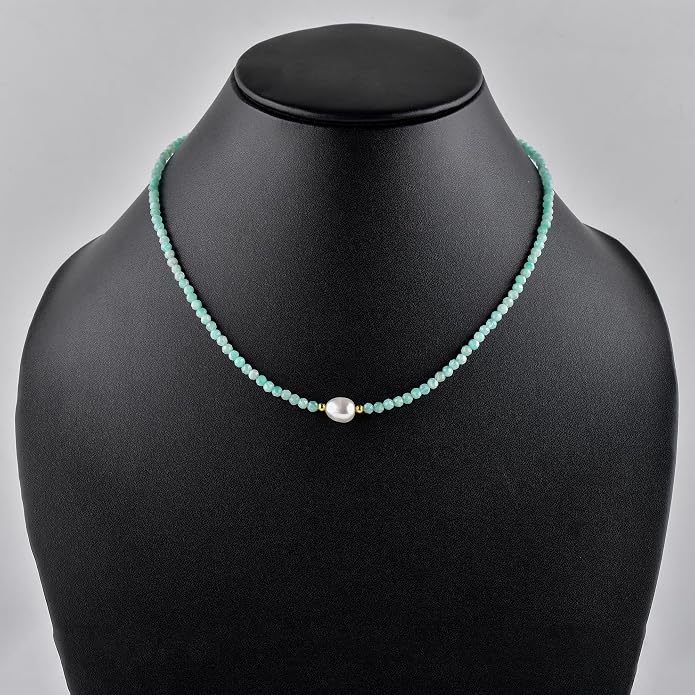 InfinityGemsArt Gemstone Gold Necklace For Women, Birthstone Natural Crystal Stone With Freshwater Pearl Beaded Jewelry, Gold Plated 18 Inch Chain