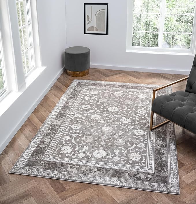 Amber Traditional Floral Area Rug for Living Room, 6x9 Vintage Persian-Inspired Gray Rug, Medium Pile Stain Resistant Carpet for Bedroom, Dining Room or Kitchen (6' x 9', Gray)