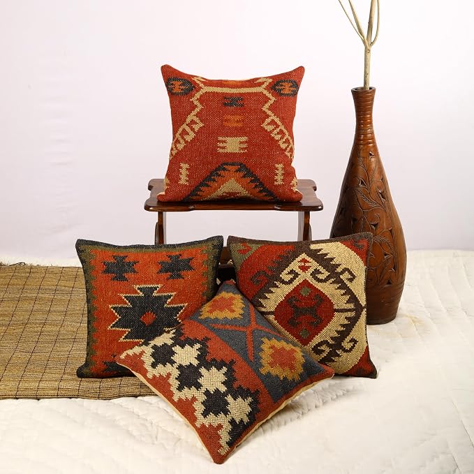 Trade Star 70% Jute 30% Wool Pillow Cover Throw Pillow Cover Ethnic Rug Pillow Covers Authentic Decorative Thick Cushion Case Kilim Cushion Cover Set of 4 Decorative Handwoven Pillowcase (Kilim 4)