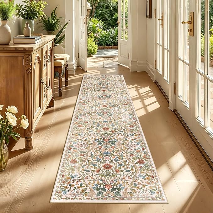 2x8 Washable Runner Rug, Beige Ginger Floral Boho Area Rug for Hallway, Low-Pile Non-Slip Stain Resistant Carpet for Kitchen, Bedside, Laundry Room, Entryway