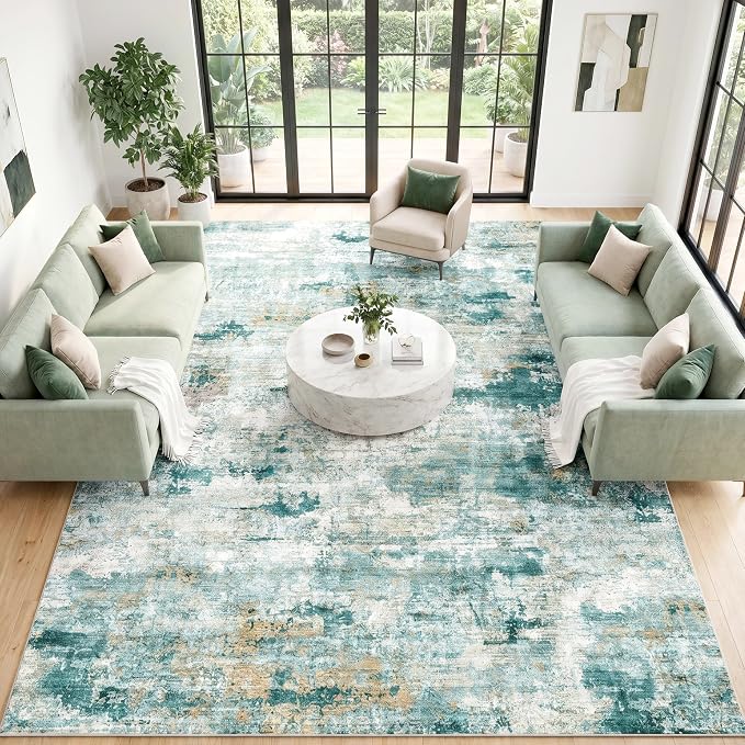 Washable Pet Friendly Extra Large Area Rug, Stain Resistant Abstract Carpet, 0.3" Low Pile, Non-Slip Pure Cotton Backing, Living Room Bedroom Dining Room, 9'x12', Sage Green