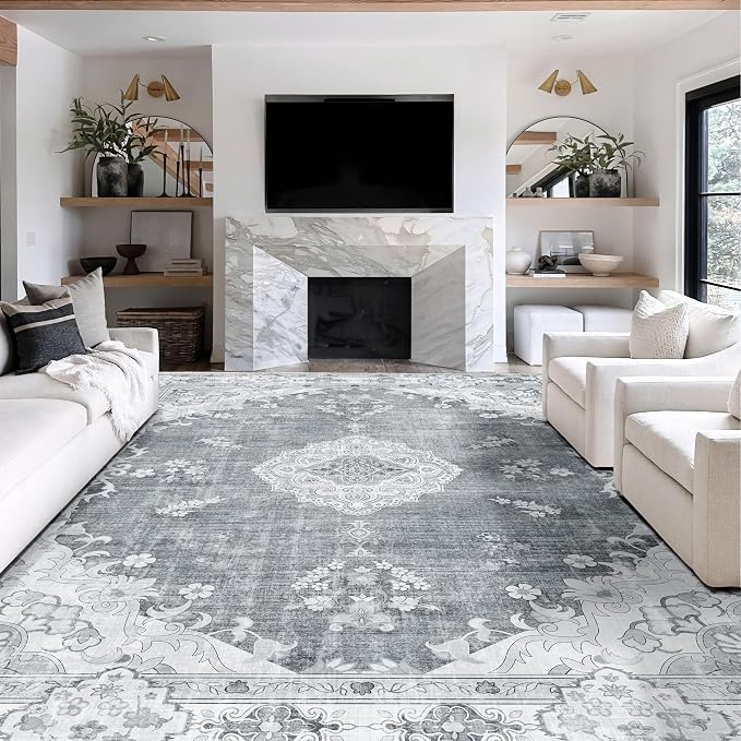 MUJOO 9x12 Area Rug Grey Washable Rug Non Slip Low-Pile Floral Large | Machine Washable Throw Carpet for Living Room Bedroom Dining Room Boho Soft Big Floor Indoor Vintage Bohemian Flowers