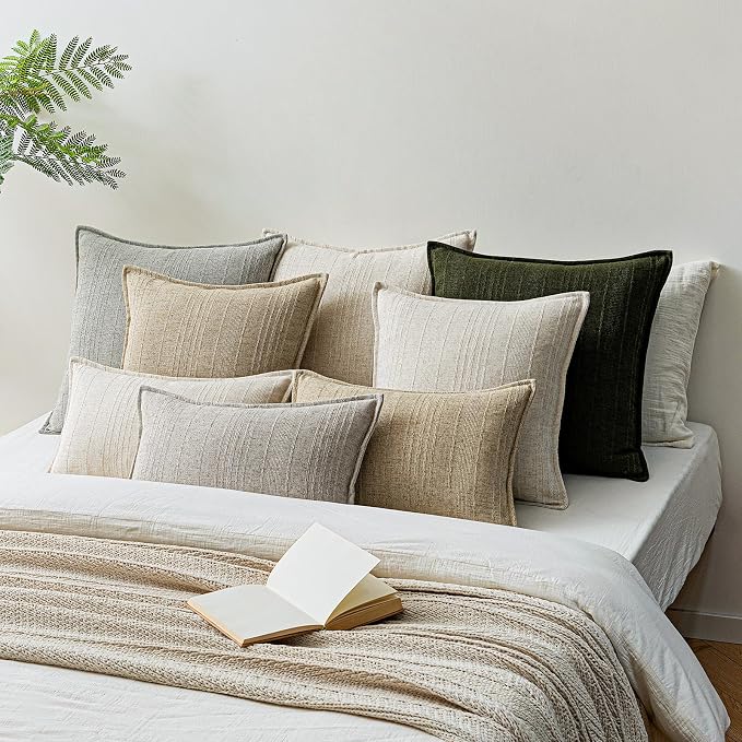 a moment Linen Pillow Covers Set of 2,Boho Farmhouse Throw Pillowcases Neutral Textured Decorative Covers for Couch Sofa,Linen Blend Accent Case Cushion Living Room Home Decor 20"x20"Dark Green