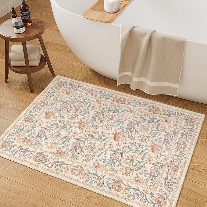 DUKINO 2x3 Rug, Washable Vintage Floral Bathroom Rugs Non Slip, Beige | Low Pile, Stain Resistant Boho Soft Indoor Door Mat, Small Front Door Carpet for Entryway Kitchen Laundry Bedroom Farmhouse