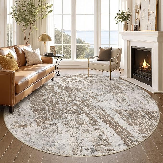 DMOYEST 8ft Round Washable Area Rug for Living Room: Modern Abstract Neutral Circle Carpet, 8x8 Soft Low Pile Non-Slip Floor Mat for Bedroom Under Dining Table, Kids & Pet - Brown