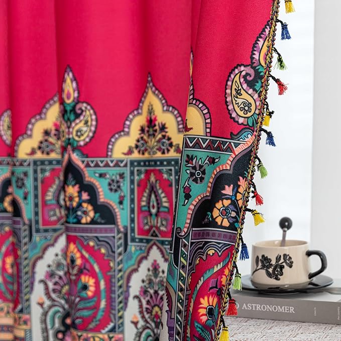 Red Paisley Curtains 54 Inches Long, Boho Farmhouse Light Filtering Rod Pocket Drapes with Tassel Trim for Bedroom Living Room, 2 Panels