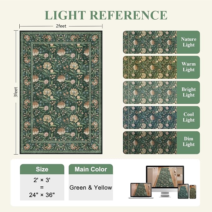 DUKINO 2x3 Rug, Washable Vintage Floral Bathroom Rugs Non Slip, Green | Low Pile, Stain Resistant Boho Soft Indoor Door Mat, Small Front Door Carpet for Entryway Kitchen Laundry Bedroom Farmhouse