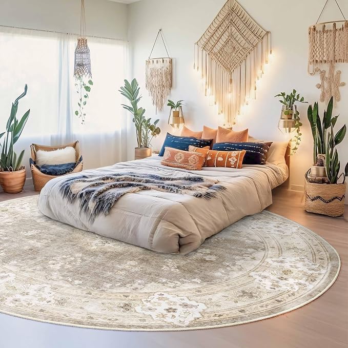 MUJOO Beige Round Rug 9ft,Circle Washable Area Rug Non Slip Low-Pile Floral | Large Circular Rugs for Living Room Bedroom Dining Room Boho Throw Carpet Soft Floor Indoor Vintage Bohemian Flowers