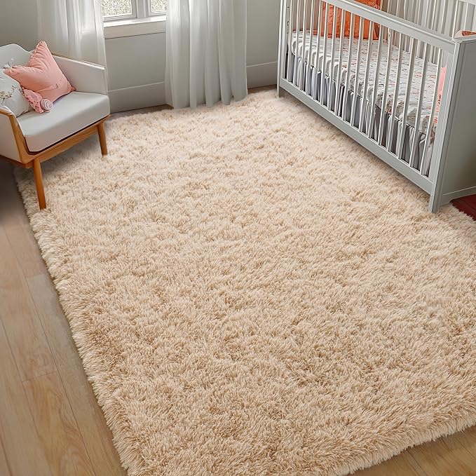 8x10 Large Area Rugs for Living Room, Beige Fluffy Shag Rug | Soft and Comfy, Big Fuzzy Carpet for Bedroom, Nursery, Kids, Girls, Boys Room Dorm Home Decor Aesthetic, Upgrade Non Slip
