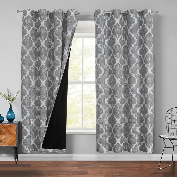 Beauoop Moroccan 100% Blackout Curtains Bedroom Grey 50x72 2 Panels | Geometric Room Darkening Drapes for Living Room 72 Inch Long Thermal Insulated Soundproof Lattice Window Treatment Grommet