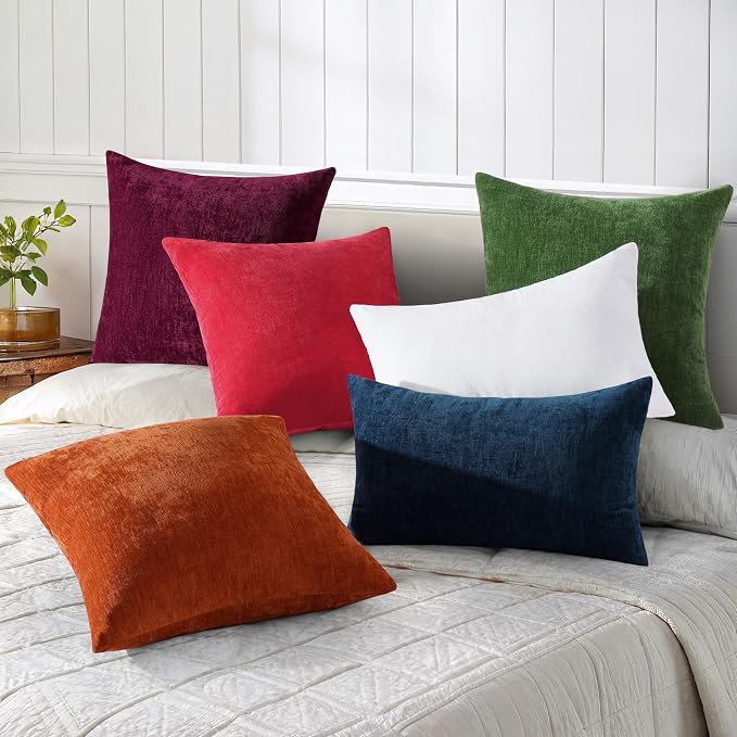 decorUhome Soft Chenille Christmas Red Throw Pillow Covers 20X20 Set of 2 | Decorative Fall Couch Pillow Covers Solid Dyed Accent Modern Farmhouse Neutral Square Pillow Cases for Sofa
