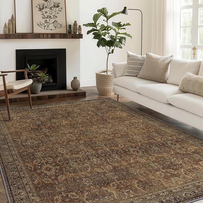 BESBLEE 3X5 Area Rugs Machine Washable Rugs for Living Room, Vintage Boho Large Rugs for Bedroom Dining Room, Non Slip Indoor Soft Distressed Lightweight Thin Low Pile Carpet, Rustic Brown