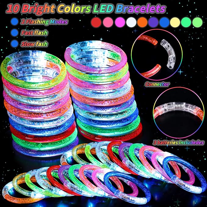 160 Pack Glow Bracelets Bulk, Glow in the Dark Party Supplies, 10 Color LED Light Up Bracelets for Adults & Kids Birthday Wedding Party Favors Concert New Year Carnival Raves