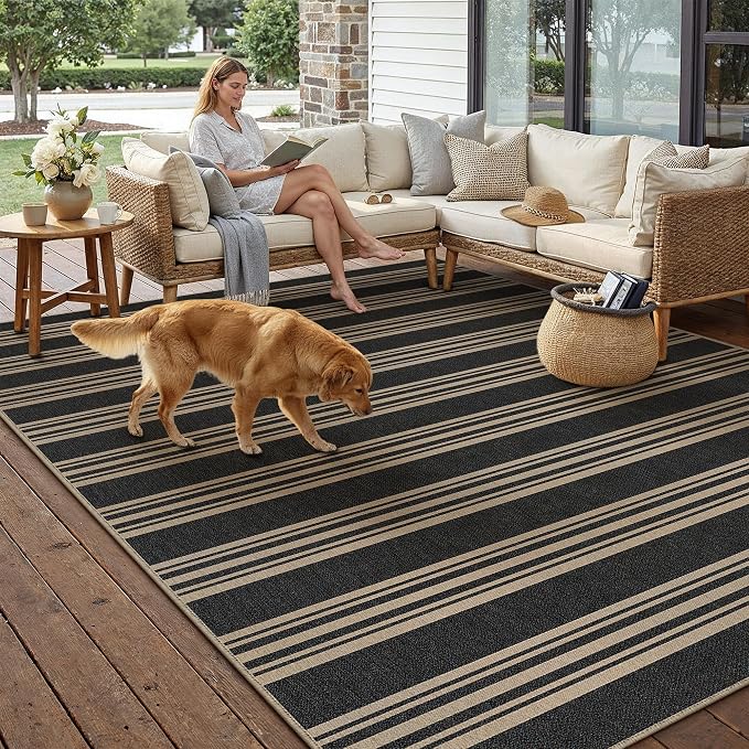 PureCozy Outdoor Rug 6x9 Washable Striped Jute Look Non Slip Carpet | Black and Tan Stripe Farmhouse Style, Indoor Outdoor Area Rug for Patio, Living Room, Dining Room, Non Shedding, Neutral Rugs