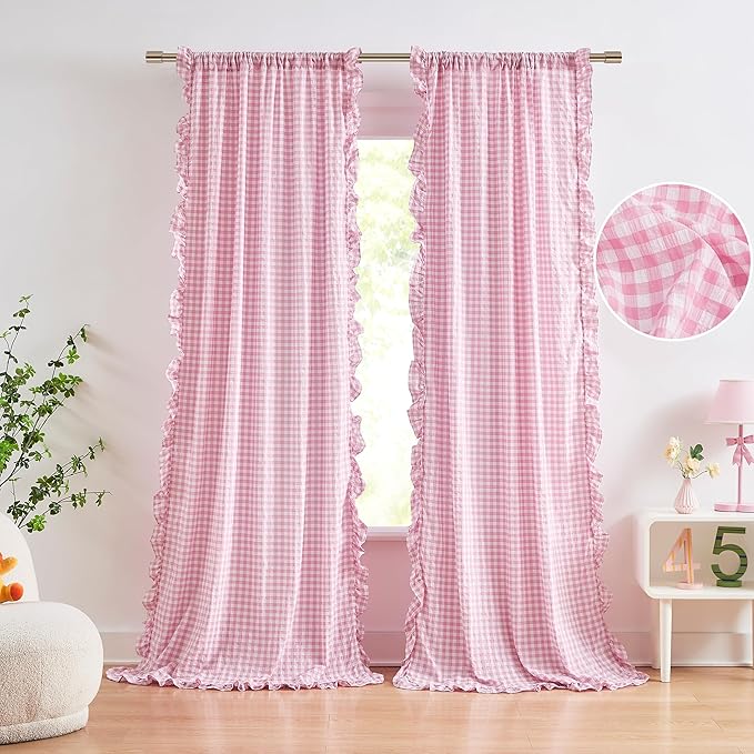 ZJDECOR 95 Inch Light Pink Buffalo Plaid Ruffle Curtains for Girls Room | Not-See-Through Sheer Crinkled Drapes,Farmhouse Shabby Chic Bedroom Living Room Window Treatment,Rod Pocket,40"Wx95"Lx2