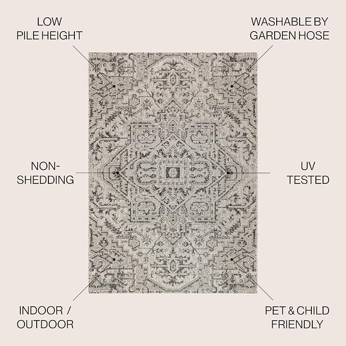 JONATHAN Y Boho Medallion Indoor Outdoor Square Area Rug 9X9 Black/Gray, Estrella Textured Weave for Backyard, Patio, Porch, Easy-Cleaning, High Traffic, Pet-Friendly, Non-Shedding (SMB105D-9SQ)