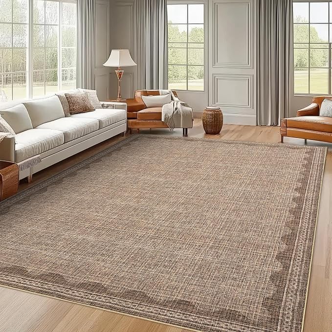 9x12 Scalloped Area Rugs Coffee Washable Living Room Bedroom Rug | Solid Tan Rug for Bedroom Girls, Non Slip Throw Carpet With Rubber Back, Soft Dorm Nursery Scalloped Rugs for Dining Room