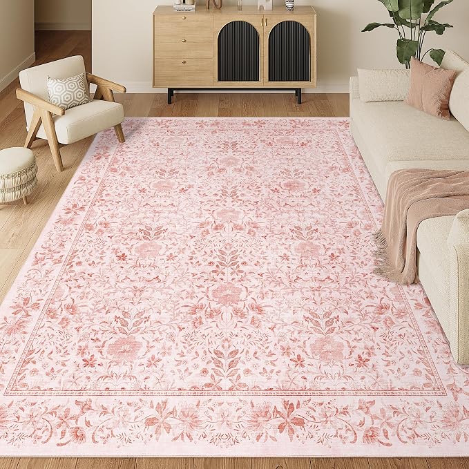 DUKINO 8x10 Area Rugs, Vintage Floral Washable Rug for Living Room, Pink | Non Slip, Low Pile, Non-Shedding, Stain Resistant, Aesthetic Soft Indoor Large Carpet for Bedroom, Dining Room, Farmhouse