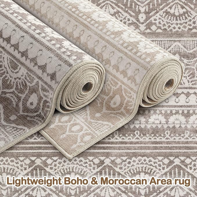 Tortania Area Rug Living Room Rugs - 10x14 Washable Large Soft Neutral Boho Moroccan Bohemian Farmhouse Rug Indoor Floor Carpet for Bedroom Under Dining Table Home Office Decor - Dark Brown